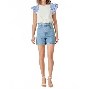 NEW 2.7 AUGUST APPAREL chloe ruffle top in white/blue stripe